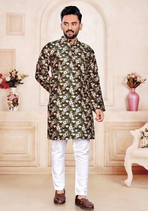 Mehendi Green Printed Pure Silk Kurta Set For Men