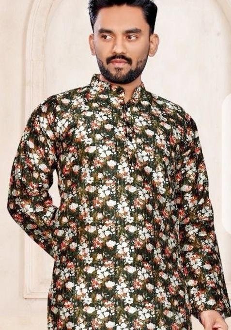 Mehendi Green Printed Pure Silk Kurta Set For Men