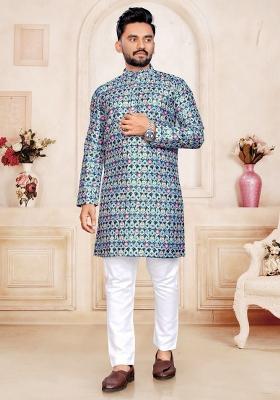 Blue Printed Pure Silk Kurta Set For Men