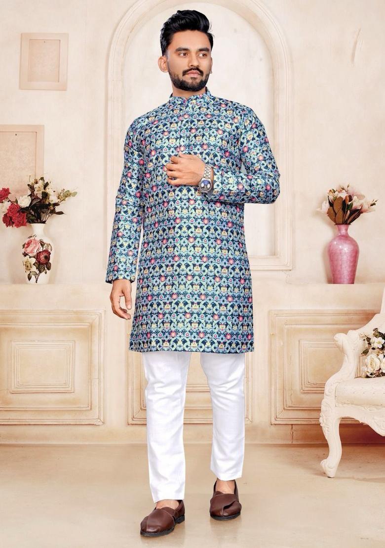 Blue Printed Pure Silk Kurta Set For Men