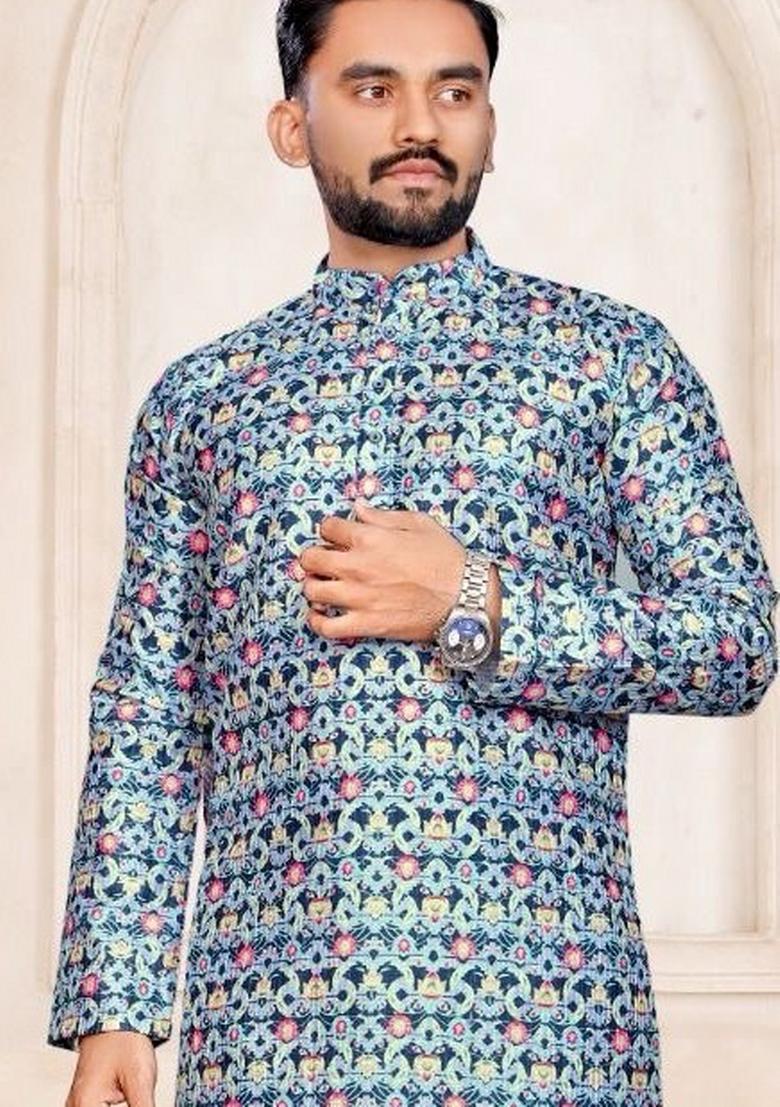 Blue Printed Pure Silk Kurta Set For Men