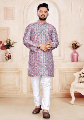 Grey Printed Pure Silk Kurta Set For Men