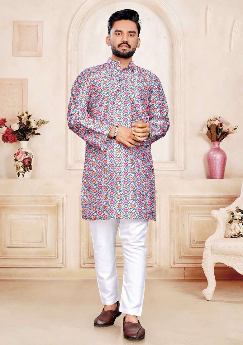 Grey Printed Pure Silk Kurta Set For Men - Indya