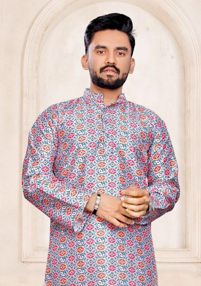 Grey Printed Pure Silk Kurta Set For Men