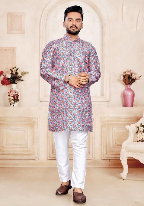 Grey Printed Pure Silk Kurta Set For Men