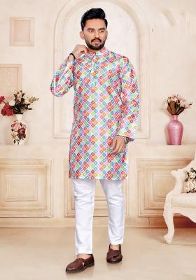 Multicolor Printed Pure Silk Kurta Set For Men