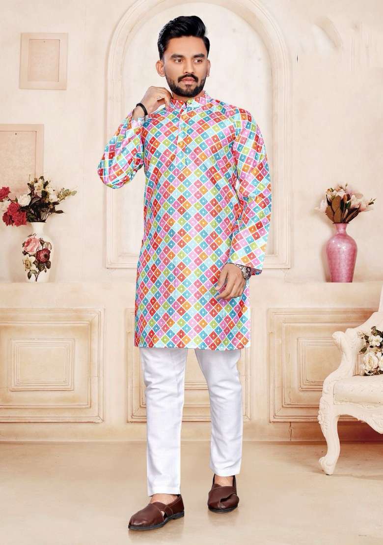 Multicolor Printed Pure Silk Kurta Set For Men - Indya