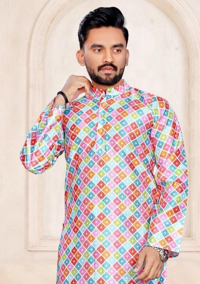 Multicolor Printed Pure Silk Kurta Set For Men