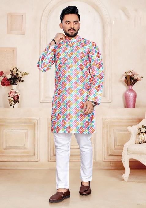 Multicolor Printed Pure Silk Kurta Set For Men
