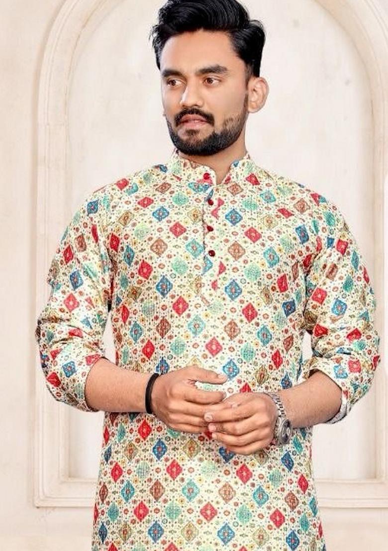 Lemon Yellow Printed Pure Silk Kurta Set For Men
