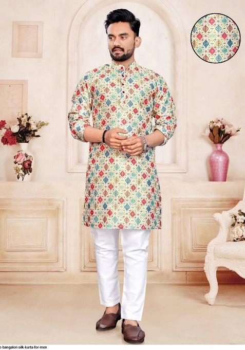 Lemon Yellow Printed Pure Silk Kurta Set For Men