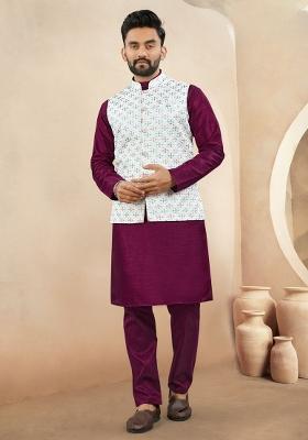 Maroon Embroidered Heavy Silk Nehru Jacket Set For Men