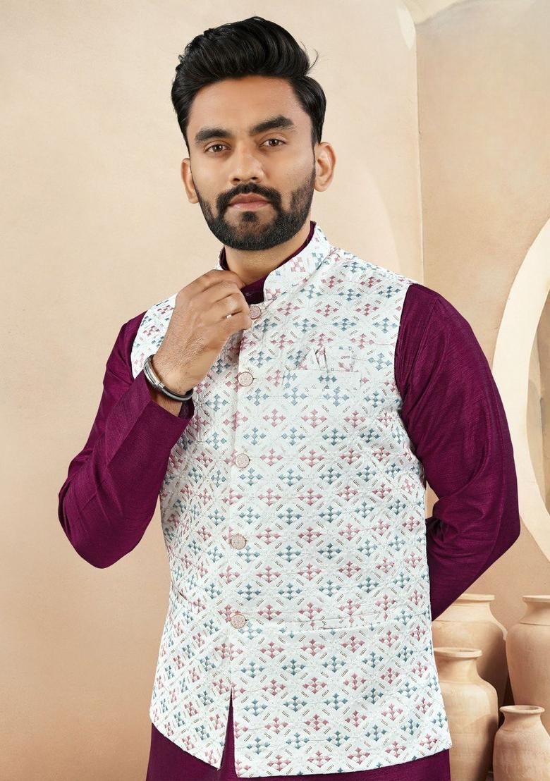 Maroon Embroidered Heavy Silk Nehru Jacket Set For Men
