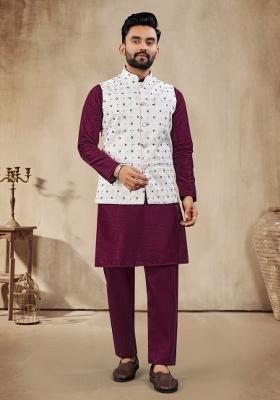 Maroon Embroidered Heavy Silk Nehru Jacket Set For Men