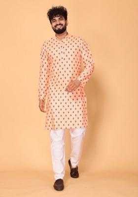 Peach Embroidered Cotton Kurta Set For Men