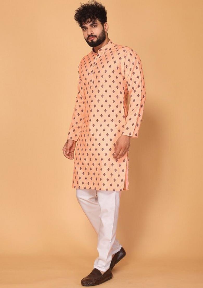 Peach Embroidered Cotton Kurta Set For Men