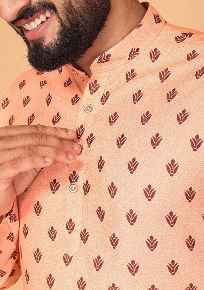 Peach Embroidered Cotton Kurta Set For Men