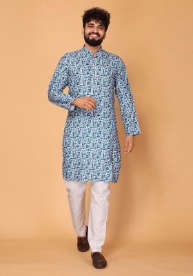 Blue Embroidered Cotton Kurta Set For Men