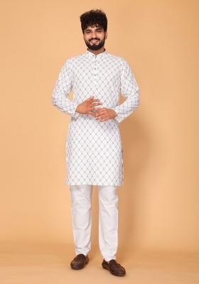 White Embroidered Cotton Kurta Set For Men