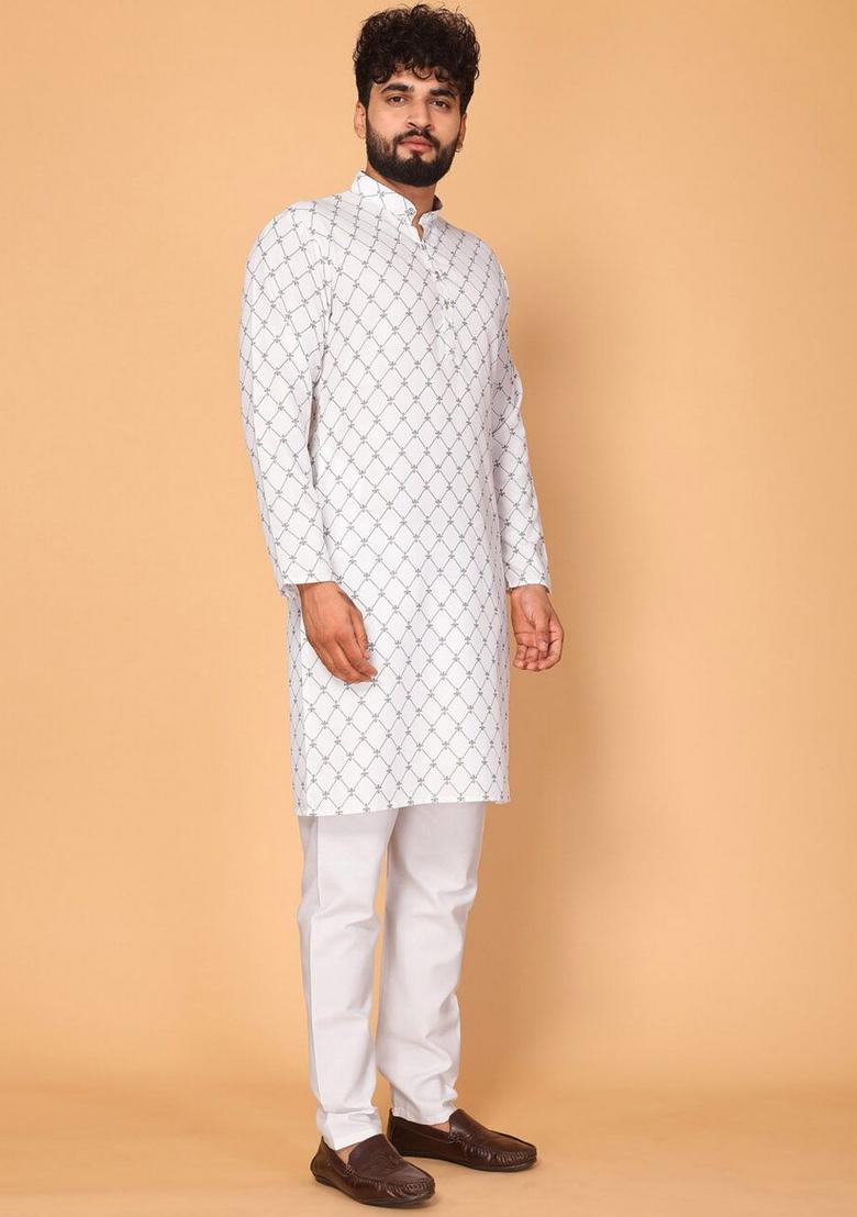 White Embroidered Cotton Kurta Set For Men