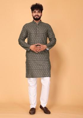 Mustard Black Embroidered Cotton Kurta Set For Men