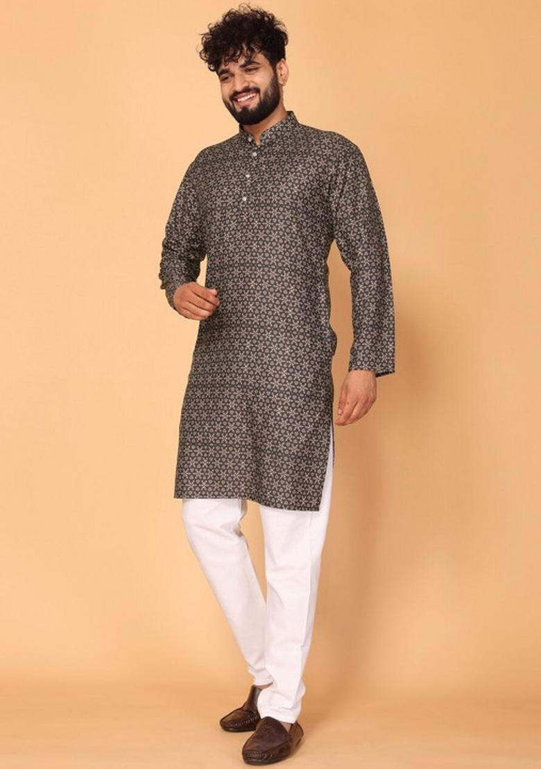 Mustard Black Embroidered Cotton Kurta Set For Men