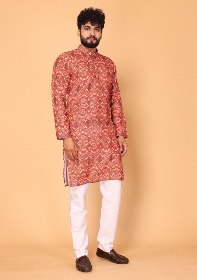 Red Embroidered Cotton Kurta Set For Men
