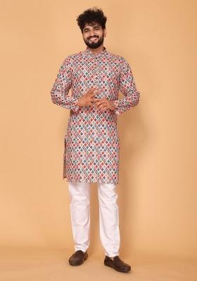 Multicolor Embroidered Cotton Kurta Set For Men
