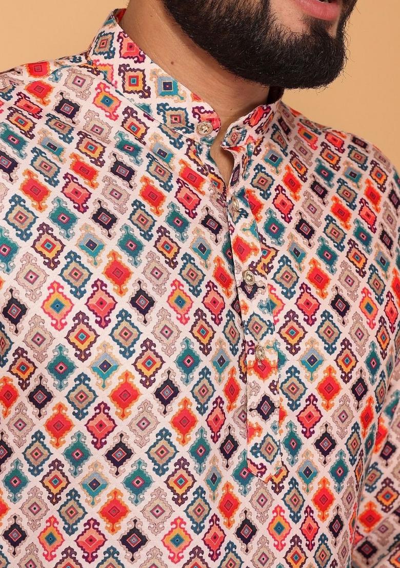 Multicolor Embroidered Cotton Kurta Set For Men