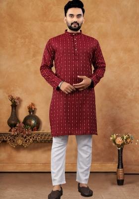 Red Embroidered Jacquard Kurta Set For Men