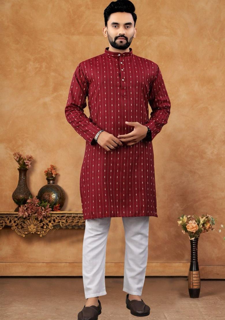 Red Embroidered Jacquard Kurta Set For Men