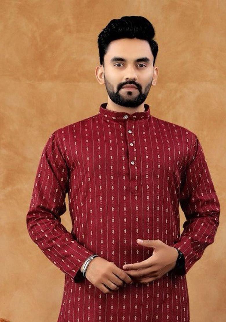 Red Embroidered Jacquard Kurta Set For Men