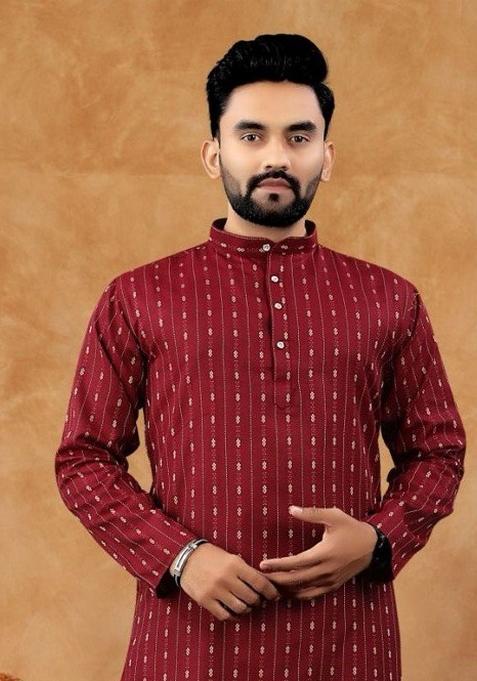 Red Embroidered Jacquard Kurta Set For Men