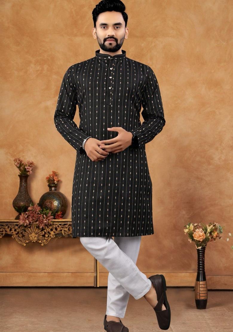 Black Embroidered Jacquard Kurta Set For Men