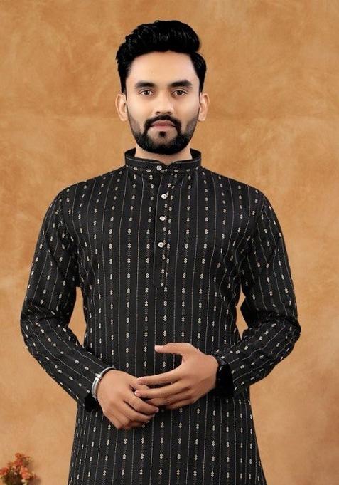 Black Embroidered Jacquard Kurta Set For Men
