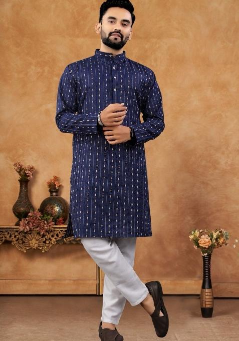 Blue Embroidered Jacquard Kurta Set For Men