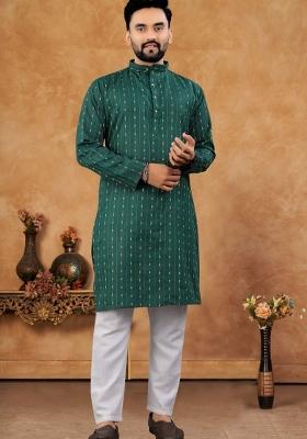Green Embroidered Jacquard Kurta Set For Men