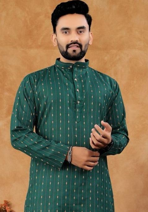 Green Embroidered Jacquard Kurta Set For Men