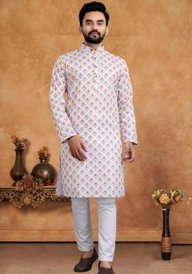 White Embroidered Cotton Kurta Set For Men