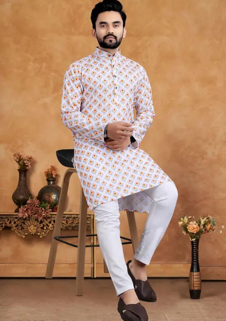 White Embroidered Cotton Kurta Set For Men