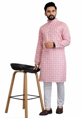 Light Pink Embroidered Cotton Kurta Set For Men