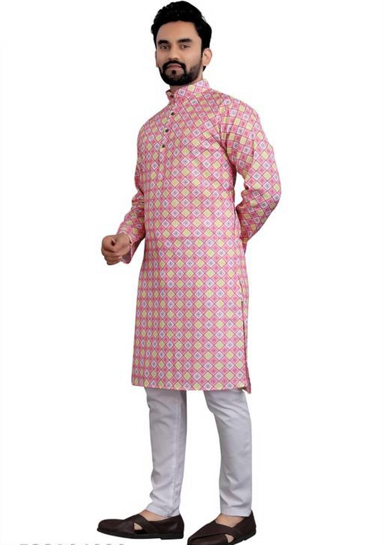 Light Pink Embroidered Cotton Kurta Set For Men
