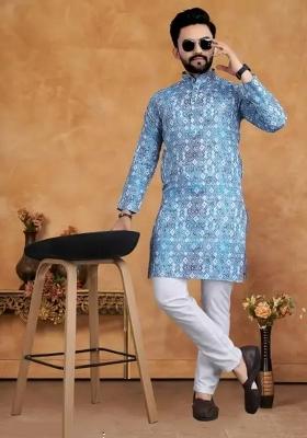 Sky Blue Embroidered Cotton Kurta Set For Men