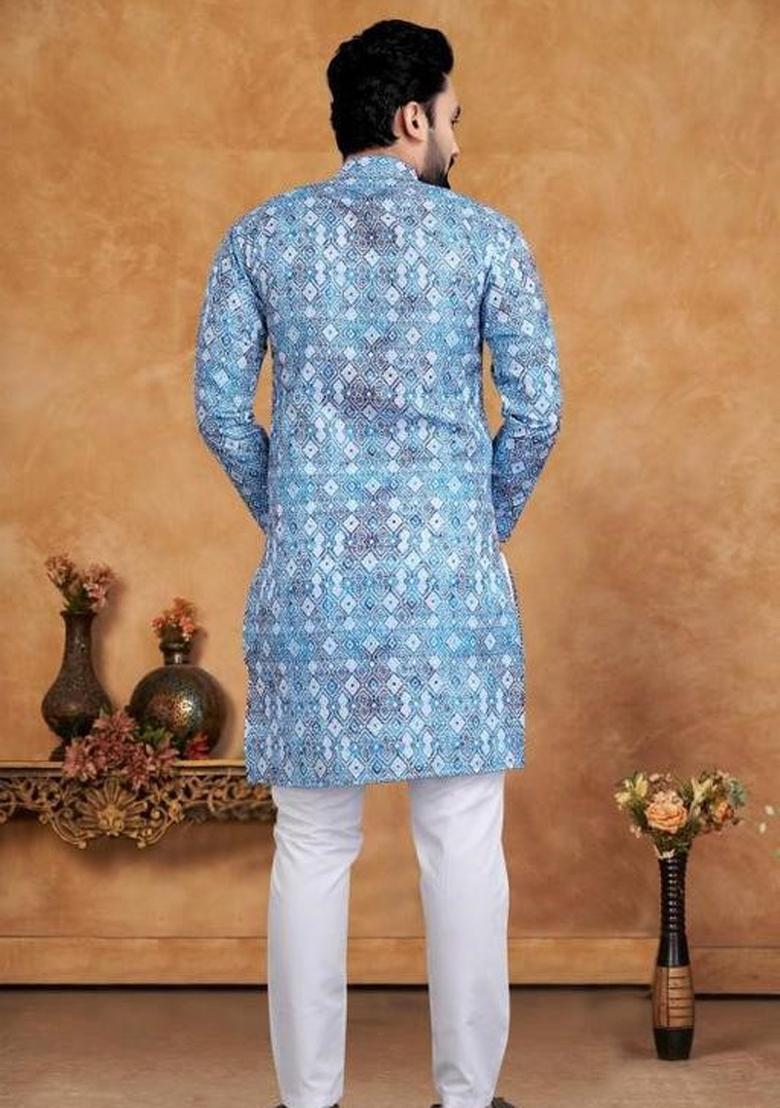 Sky Blue Embroidered Cotton Kurta Set For Men