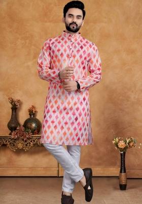 Pink Embroidered Cotton Kurta Set For Men