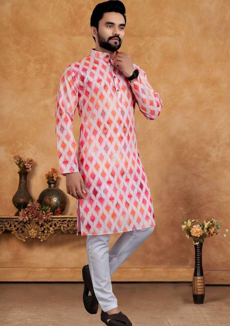 Pink Embroidered Cotton Kurta Set For Men
