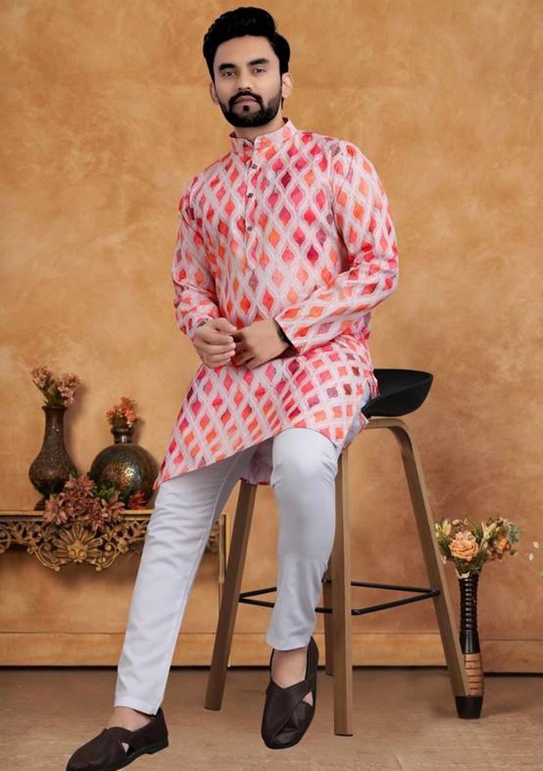 Pink Embroidered Cotton Kurta Set For Men