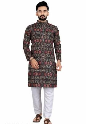 Black Embroidered Cotton Kurta Set For Men