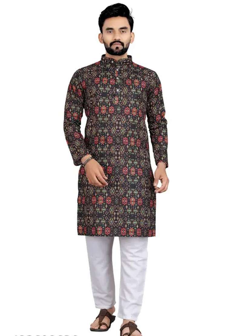 Black Embroidered Cotton Kurta Set For Men - Indya