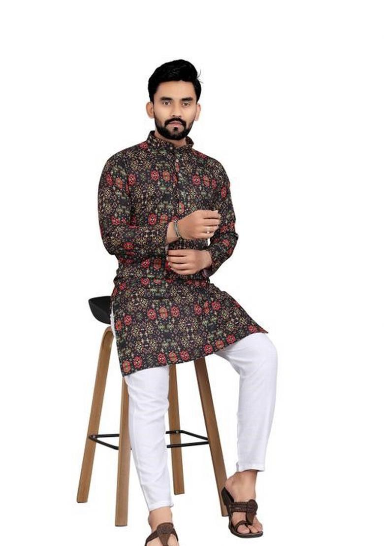 Black Embroidered Cotton Kurta Set For Men
